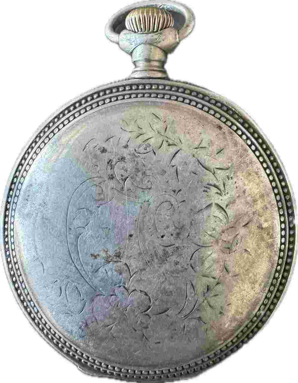 Antique 18 Size Crescent Beaded & Coin Style Pocket Watch Case Sterling Silver