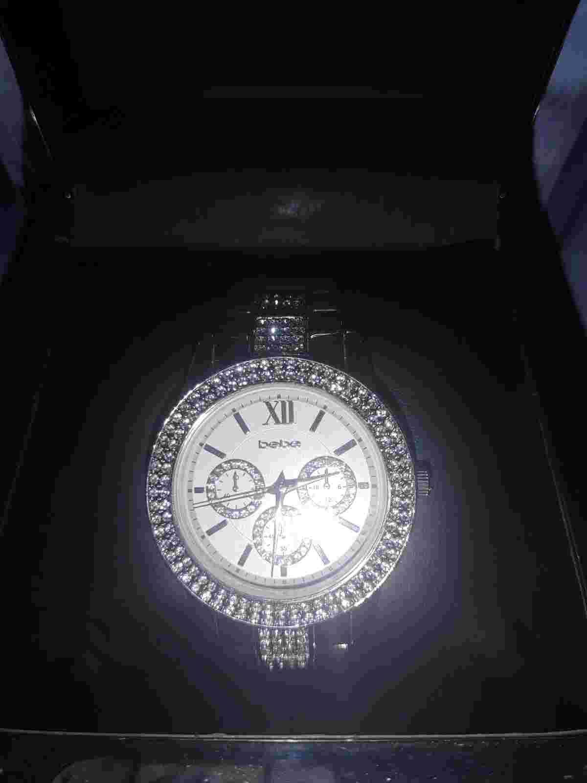 Bebe Silver Crystal Bezel Roman Numeral Watch NIB