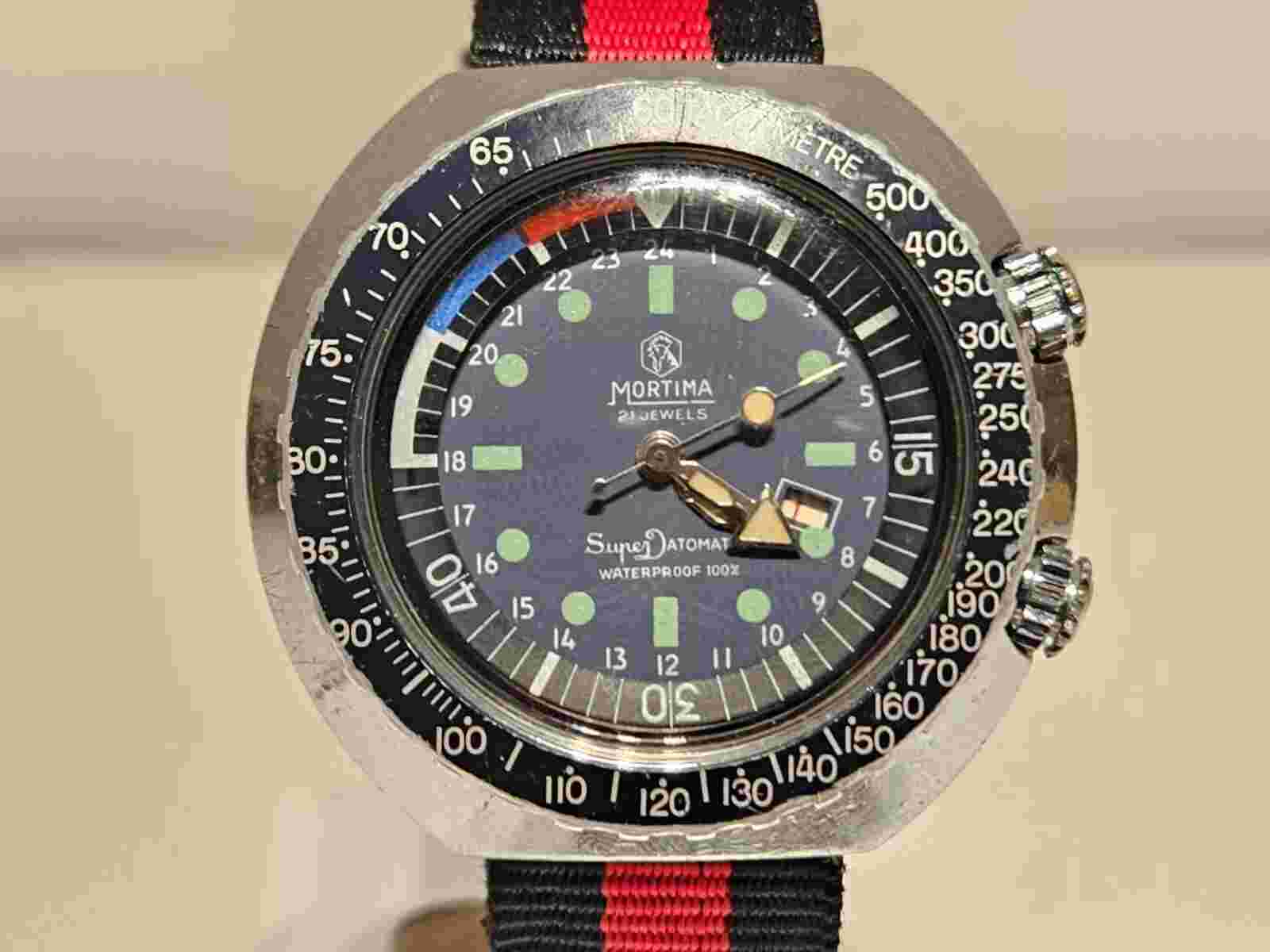VINTAGE RARE BIG TWO CROWN SPORT DIVER STYLE SWISS MEN MECHANICAL WATCH"MORTIMA"