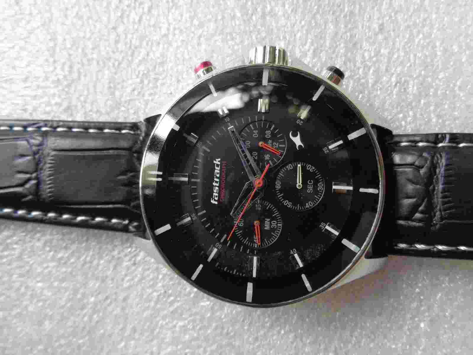 BEAUTIFUL BLACK DIAL SS BIG DIAL FASTRACK 5ATM MEN QUARTZ CHRONOGRAPH WRISTWATCH