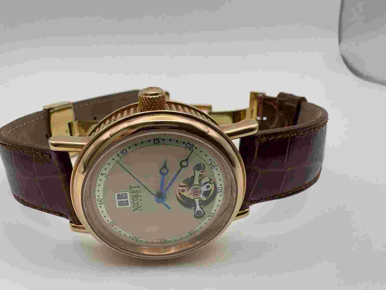 Nicolet 1886 Mens Vintage Automatic Watch - RARE MODEL n32008 Brown Band Saphire