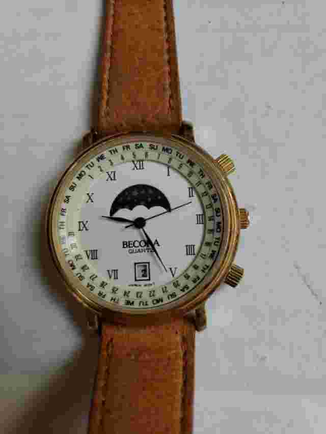 Vtg Becora Watch Men 35mm Gold Tone Date Moon Phase Leather New Battery Rare Rea