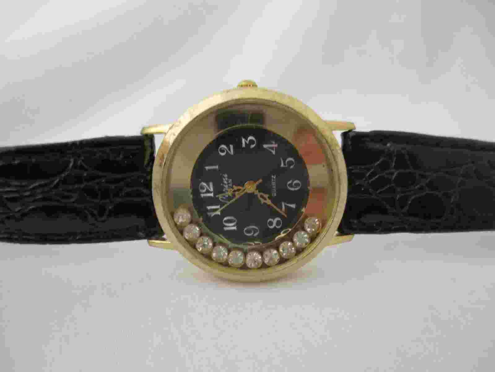 Perini Women's Analog Quartz Black Buckle Band Watch Rhinestones