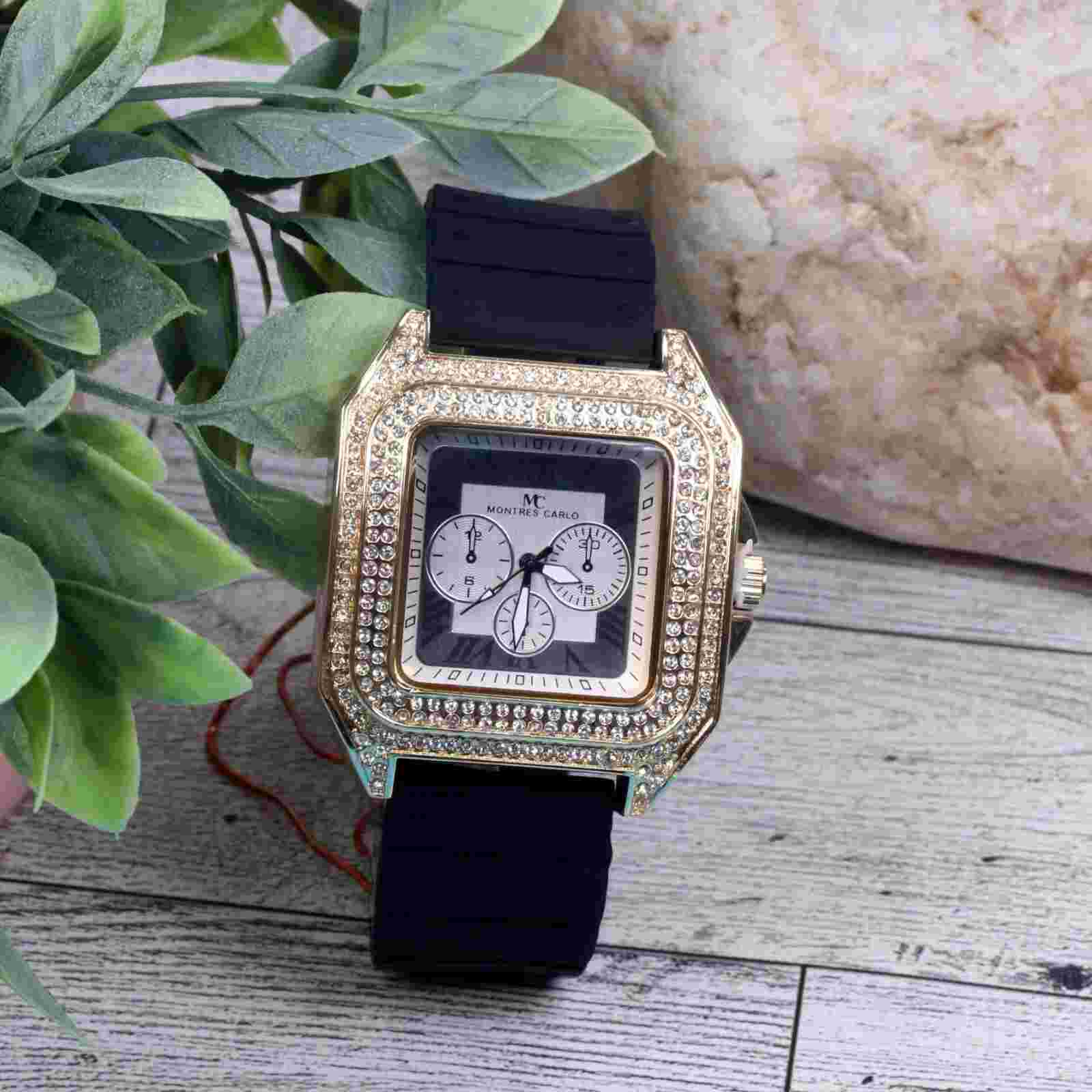 Montres Carlo Men's Hip Hop Rapper Luxury Stones Dress Wrist Watch Gold Finish