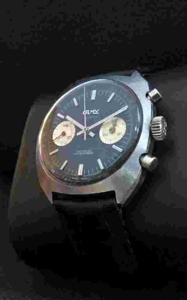 CAMY CHRONOGRAPH 37mm MILITARY L.48 PANDA DIAL VINTAGE 70's RARE 17J SWISS WATCH