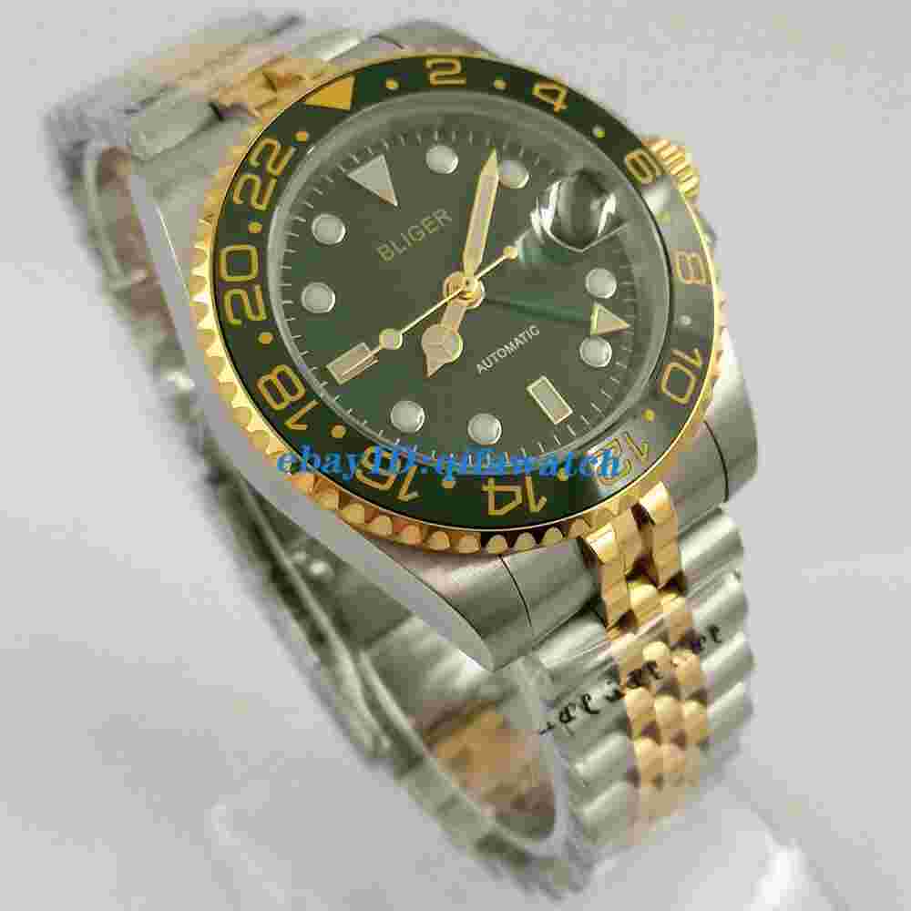 40mm Bliger green dial sapphire crystal automatic mens watch GMT date gift