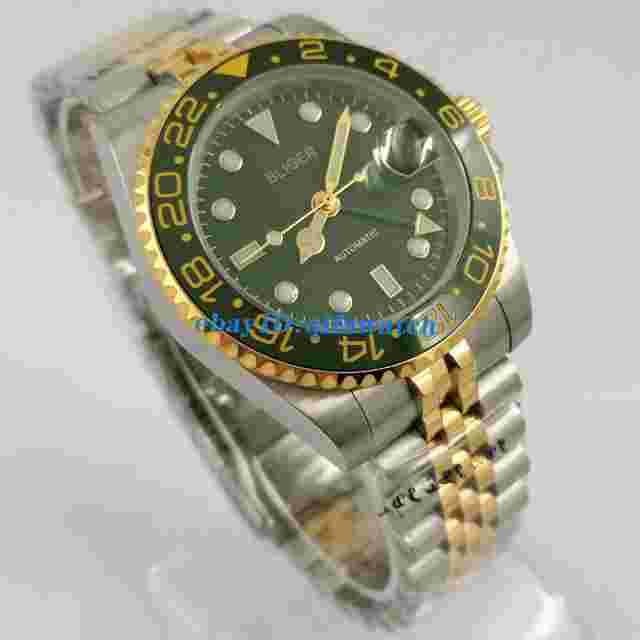 40mm Bliger green dial sapphire crystal automatic mens watch GMT date gift