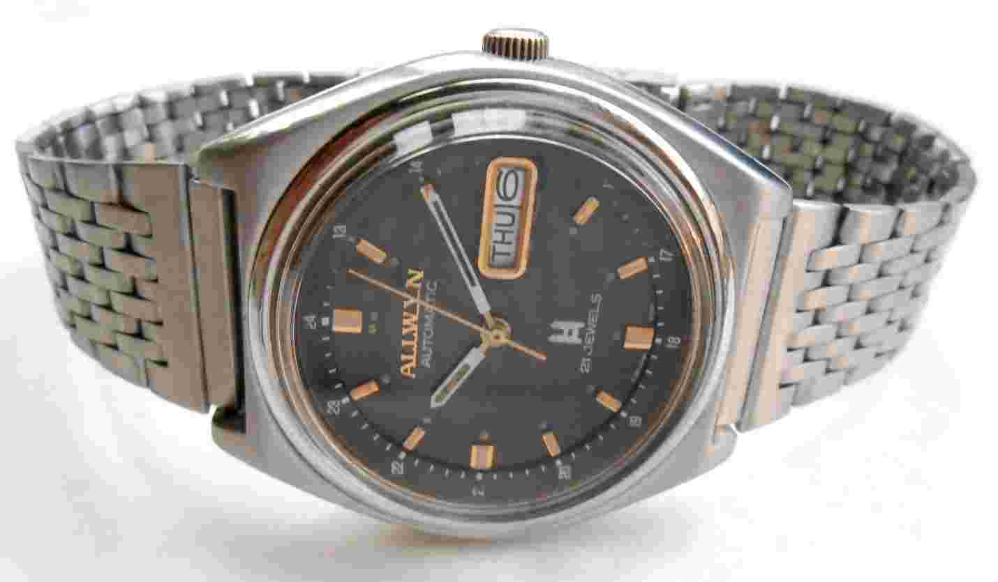 RARE VINTAGE SS INDIA ALLWYN 12/24 HOURS DIAL DAY&DATE MENS AUTOMATIC WRISTWATCH