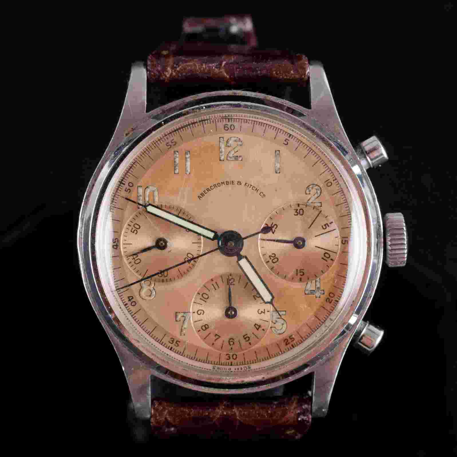 Vintage 1940's Stainless Steel Abercrombie & Fitch Wrist Watch W/ Leather Band