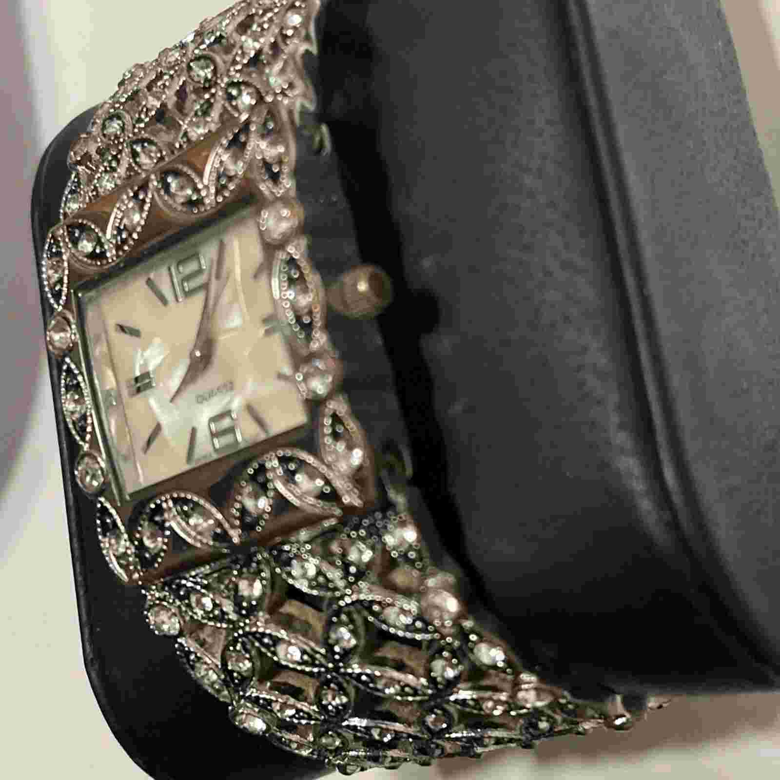 Massini Watch Women 29mm MOP Silver Tone Crystals Open Cuff Pearl Free Shipping!
