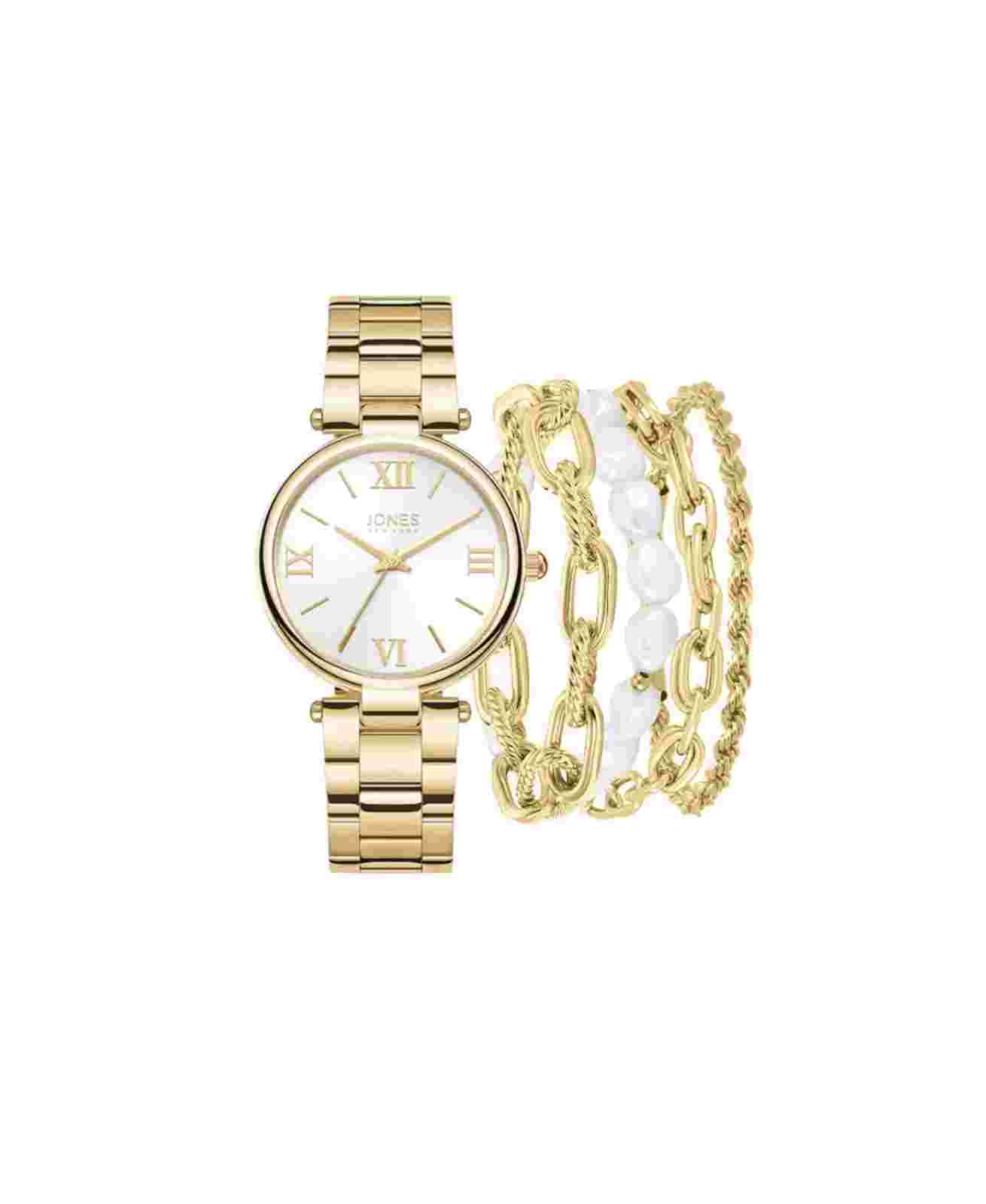 Jones New York Women's Shiny Gold Metal Bracelet Watch 36mm Gift Set