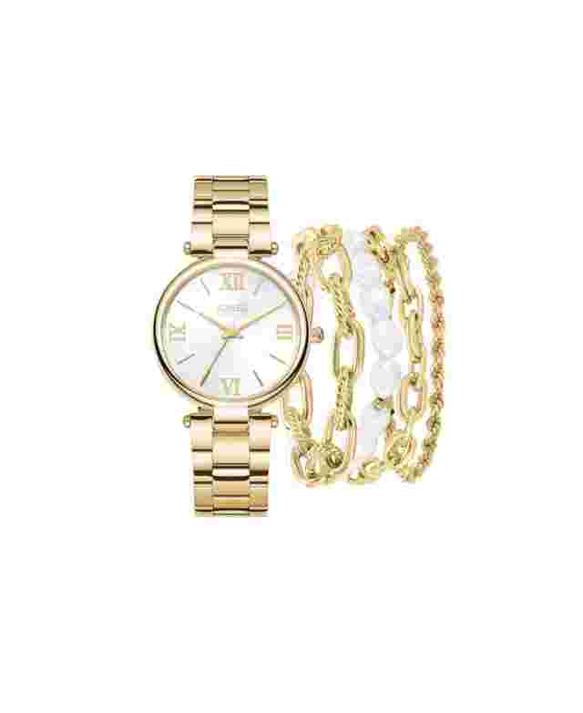 Jones New York Women's Shiny Gold Metal Bracelet Watch 36mm Gift Set