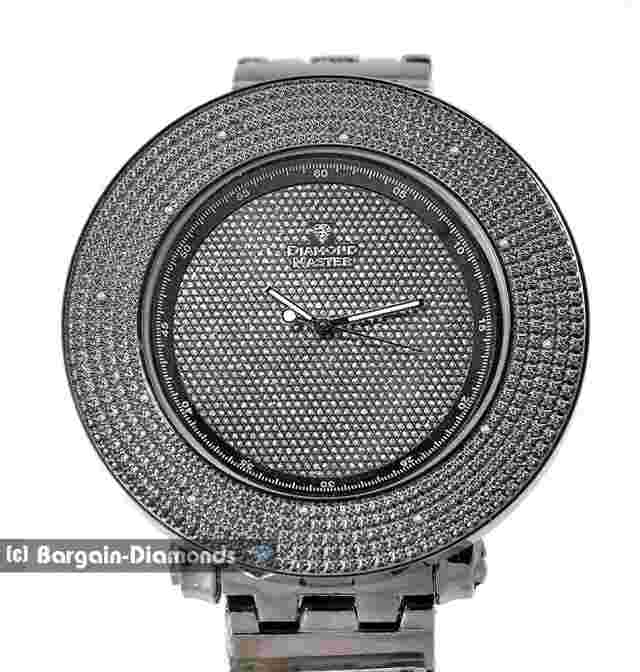Mens 59 mm Natural Diamond Black Clubbing Watch Bling Dial 8.5" Bracelet