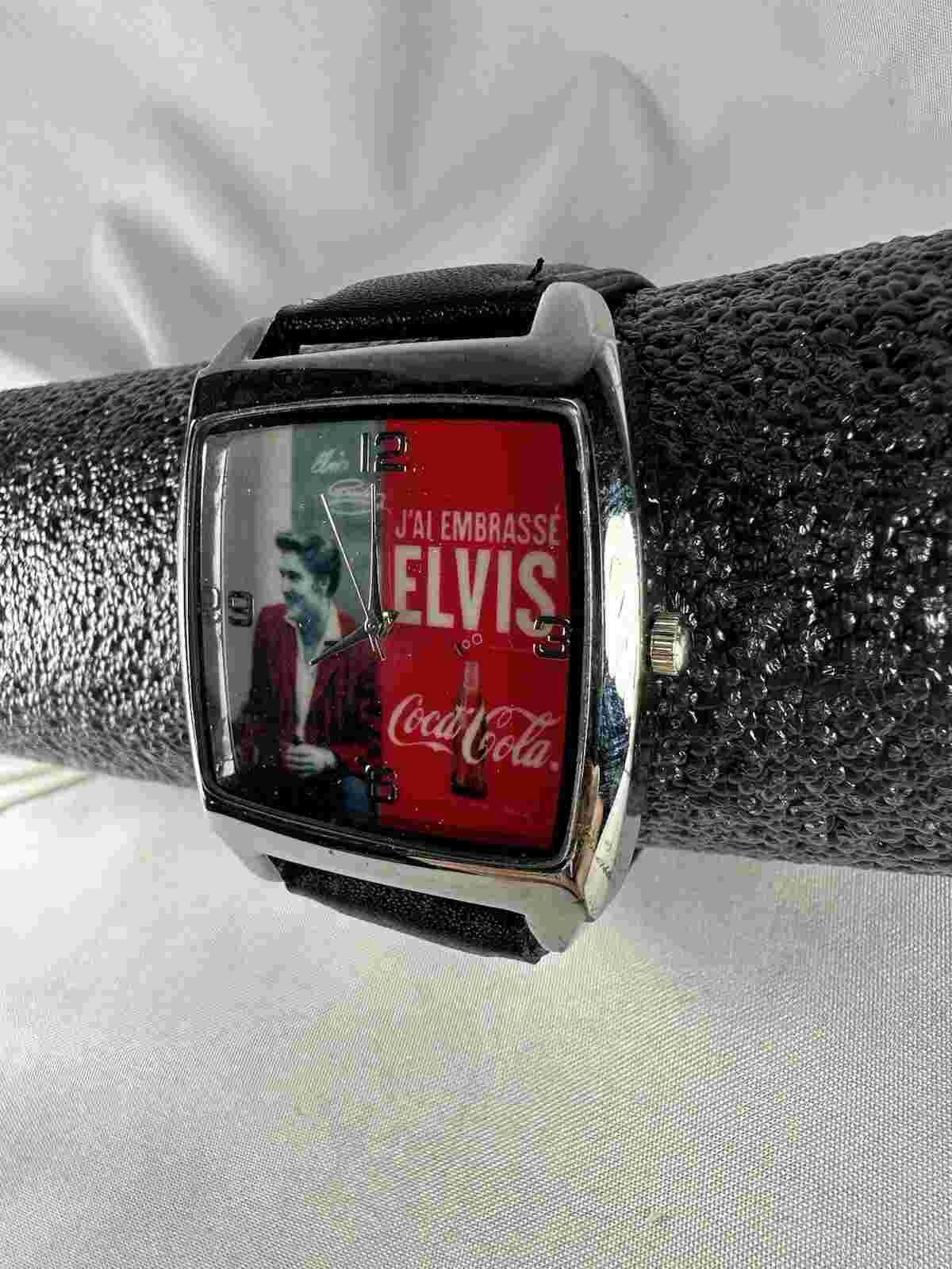 Elvis J'ai Embrasse Coca-Cola Wrist Watch Black Faux Leather Band Analog
