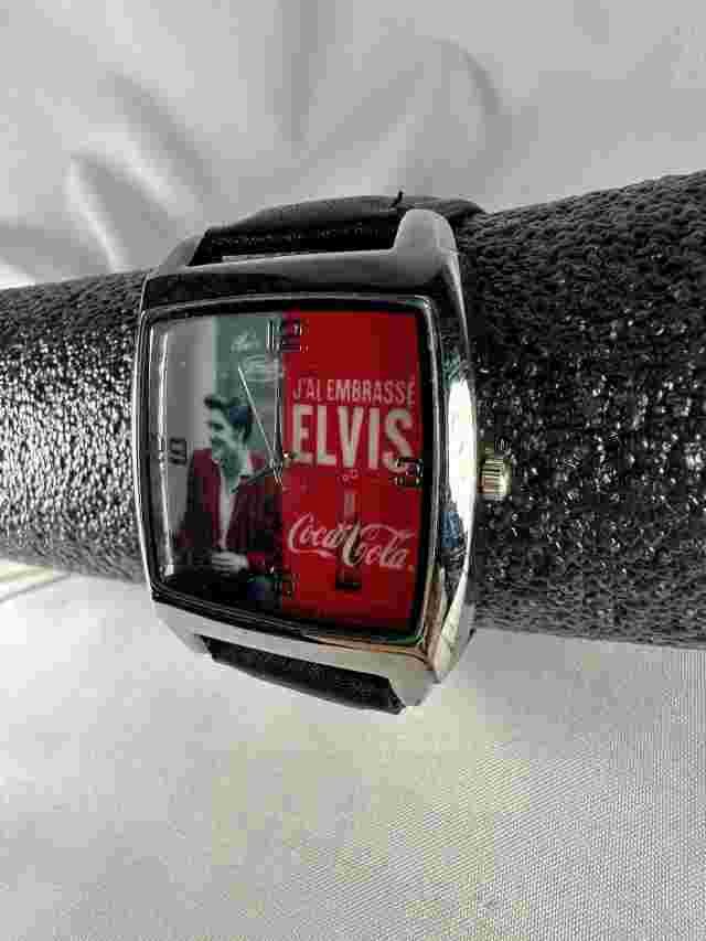 Elvis J'ai Embrasse Coca-Cola Wrist Watch Black Faux Leather Band Analog
