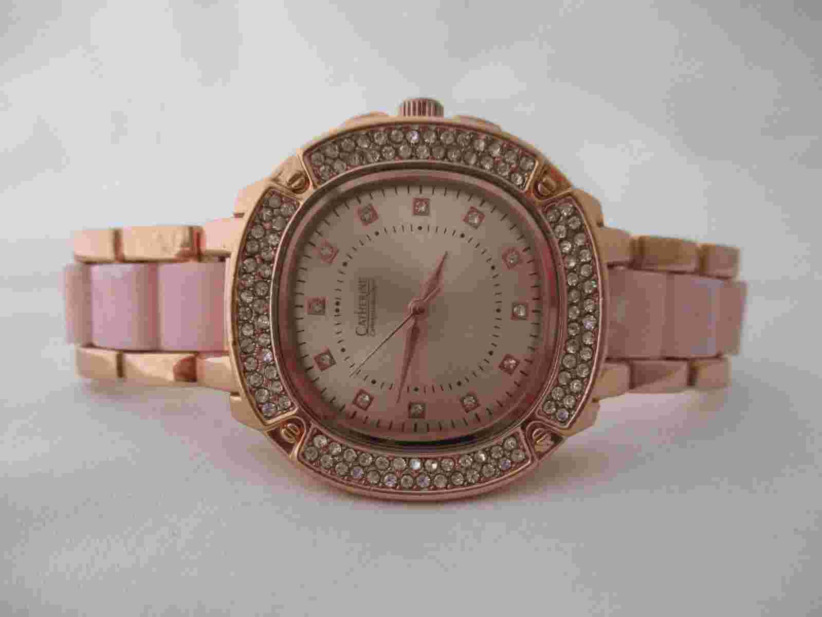 Catherine Malandrino Gold Toned Pink Analog Watch Rhinestones