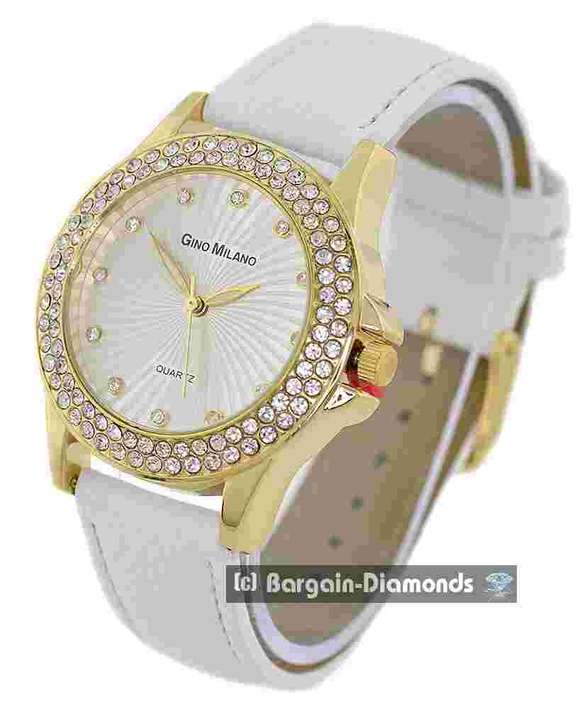Ladies Gold-CZ Clubbing White Dial/Leatherette Strap to 8.5" Wrist Gold Hands