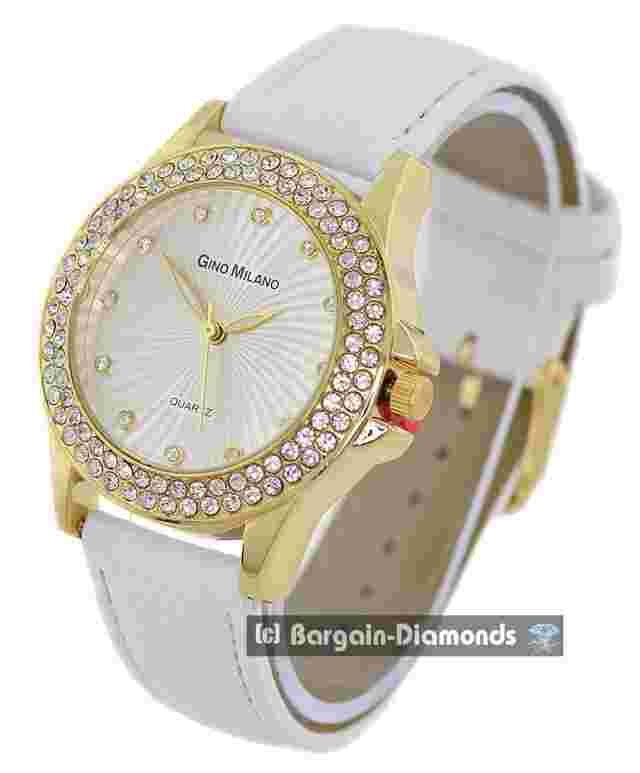 Ladies Gold-CZ Clubbing White Dial/Leatherette Strap to 8.5" Wrist Gold Hands