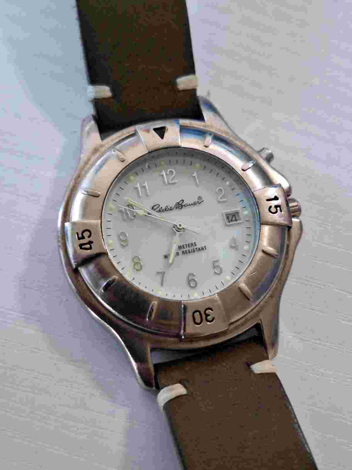 Eddie Bauer Watch 40mm Silver Tone Diver Style Date Light Up Indiglo Leather