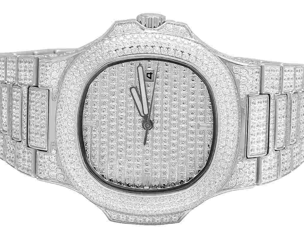 Mens Iced White Stainless Steel 40MM PP Cubic Zirconia Watch