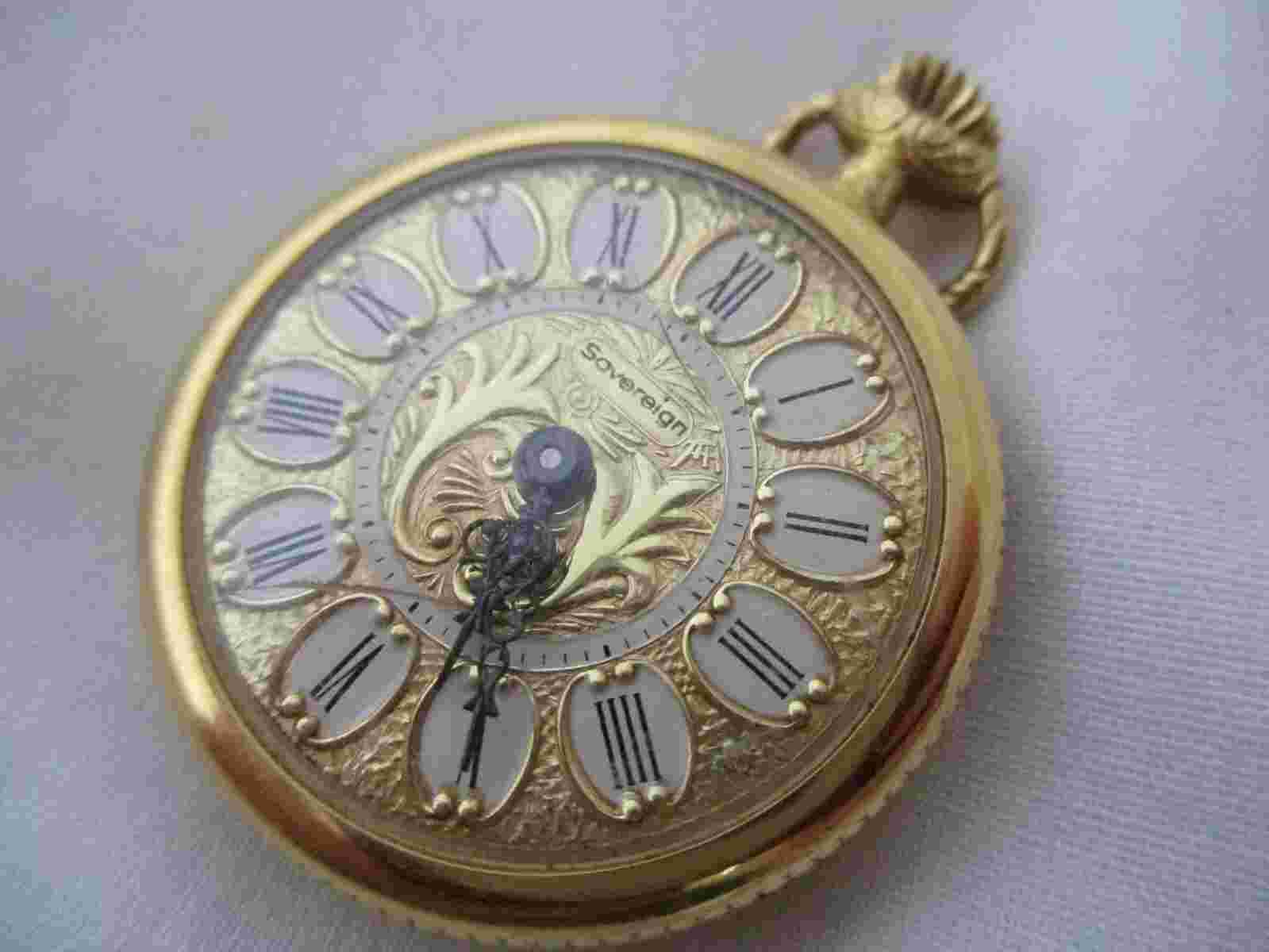Sovereign Pocket Watch Gold Toned Ornate Roman Numeral FOR REPAIR