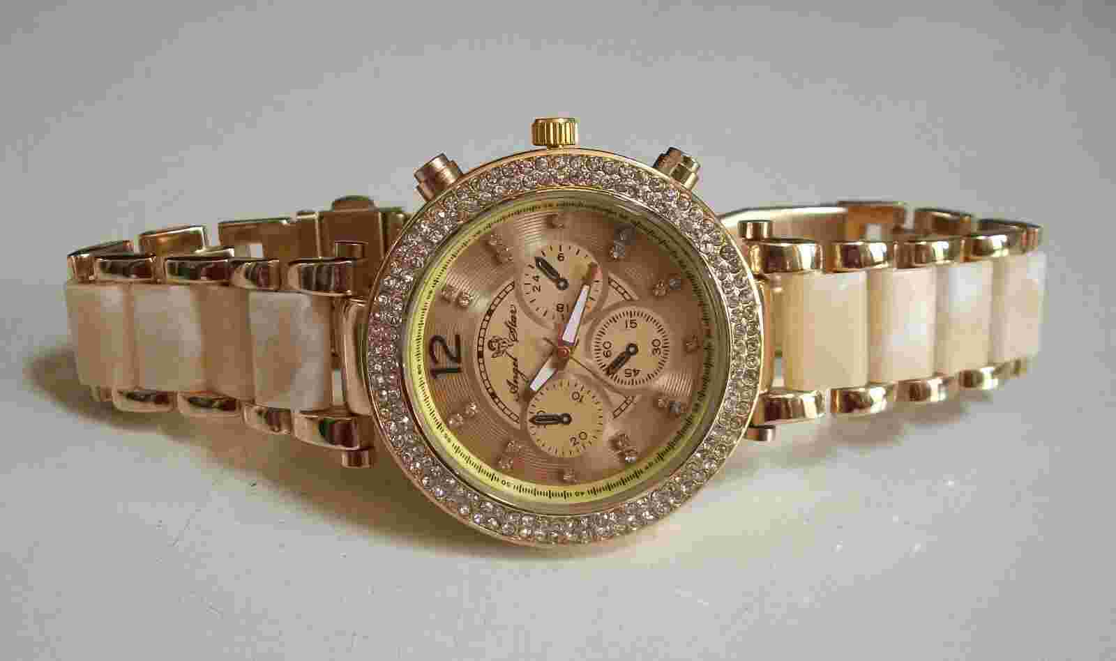 Beige & Gold Finish Women's Rhinestone Fashion Boyfriend Dressy Casual Watch