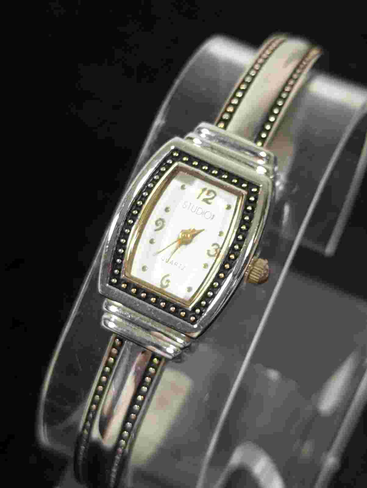 Studio Womans White Dial Silver Tone Hinge Open Cuff Bracelet Band Watch 6.5 In