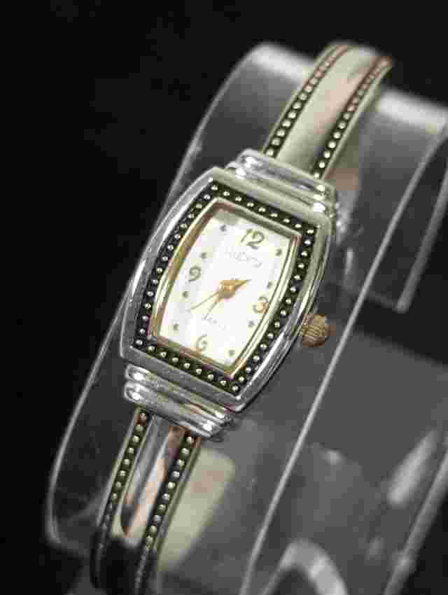 Studio Womans White Dial Silver Tone Hinge Open Cuff Bracelet Band Watch 6.5 In