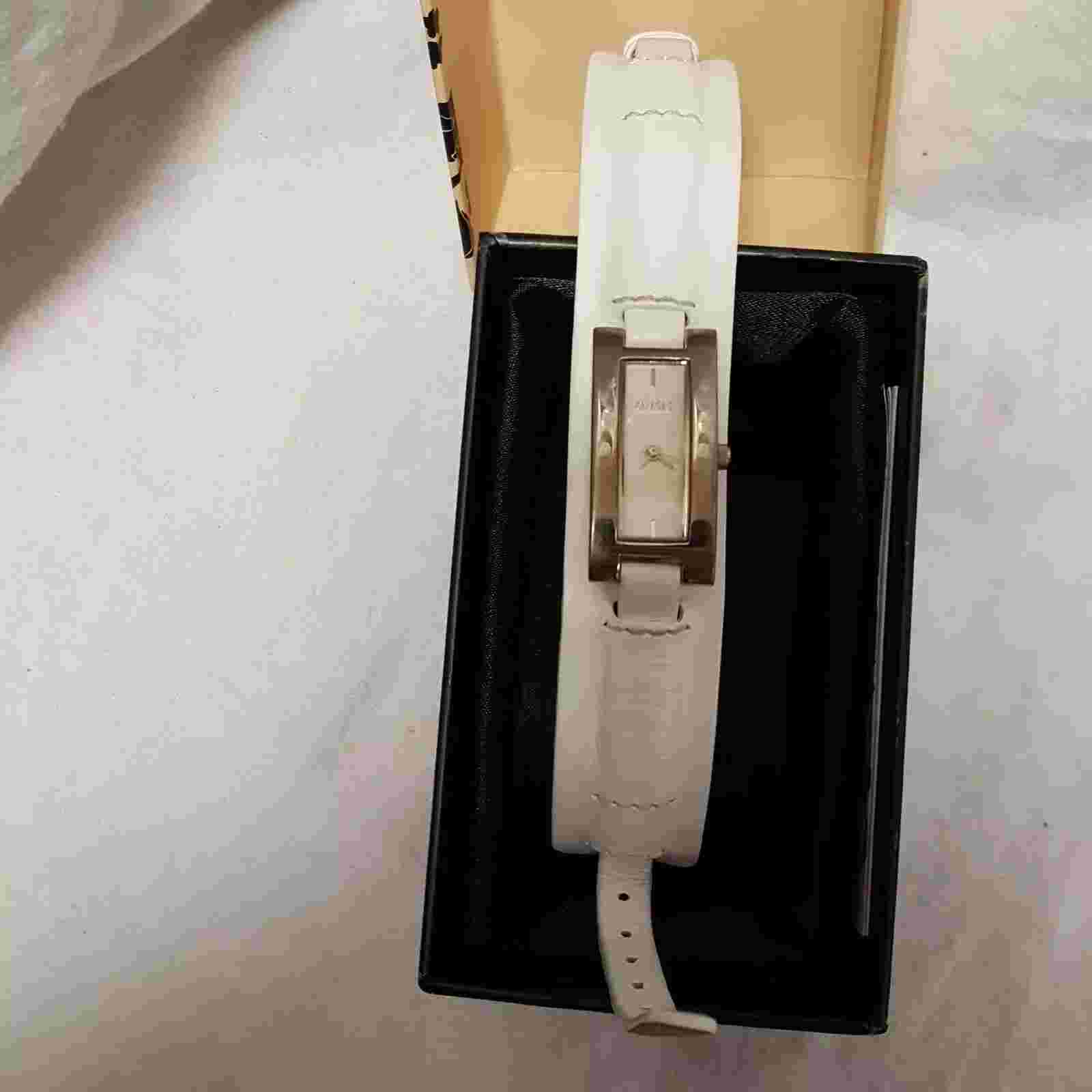 Oasis Ladies Dress Watch rectangle Face & White Leather Strap. H08