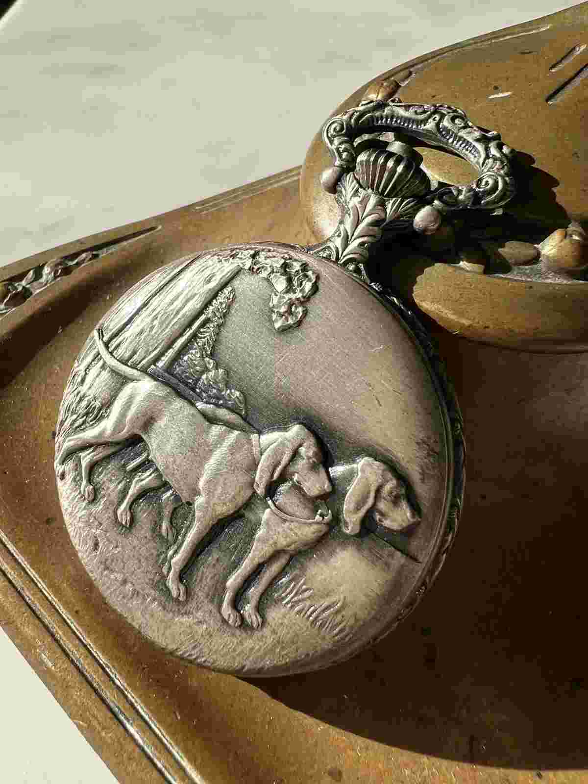Vintage Belle Suisse Pocket Watch Hunting Dogs Silver Tone By Arnex Wind Up