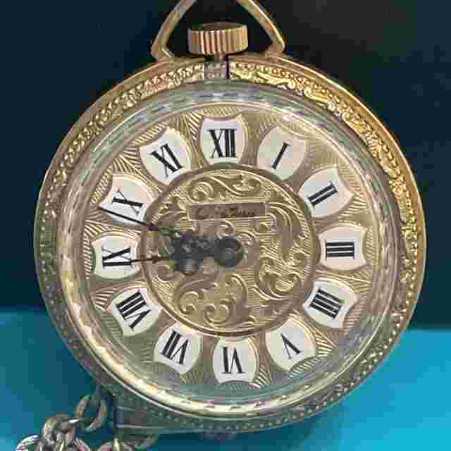Vintage Chateau Swiss Made Gold Tone Pocket Watch Necklace Cherub Reversible