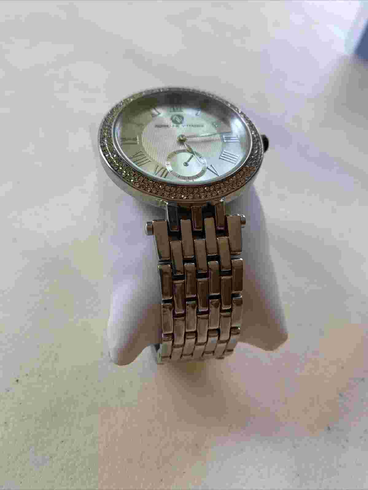 Ladies Adrienne Vittadini Stunning Silver Tone Gemmed Bezel Analog Watch New Bat