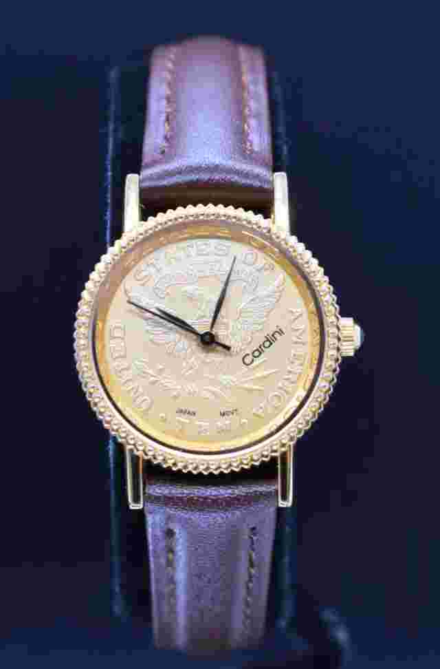 Vtg CARDINI COIN Watch Women Gold Tone Dial US TEN Leather NEW BATTERY & BAND