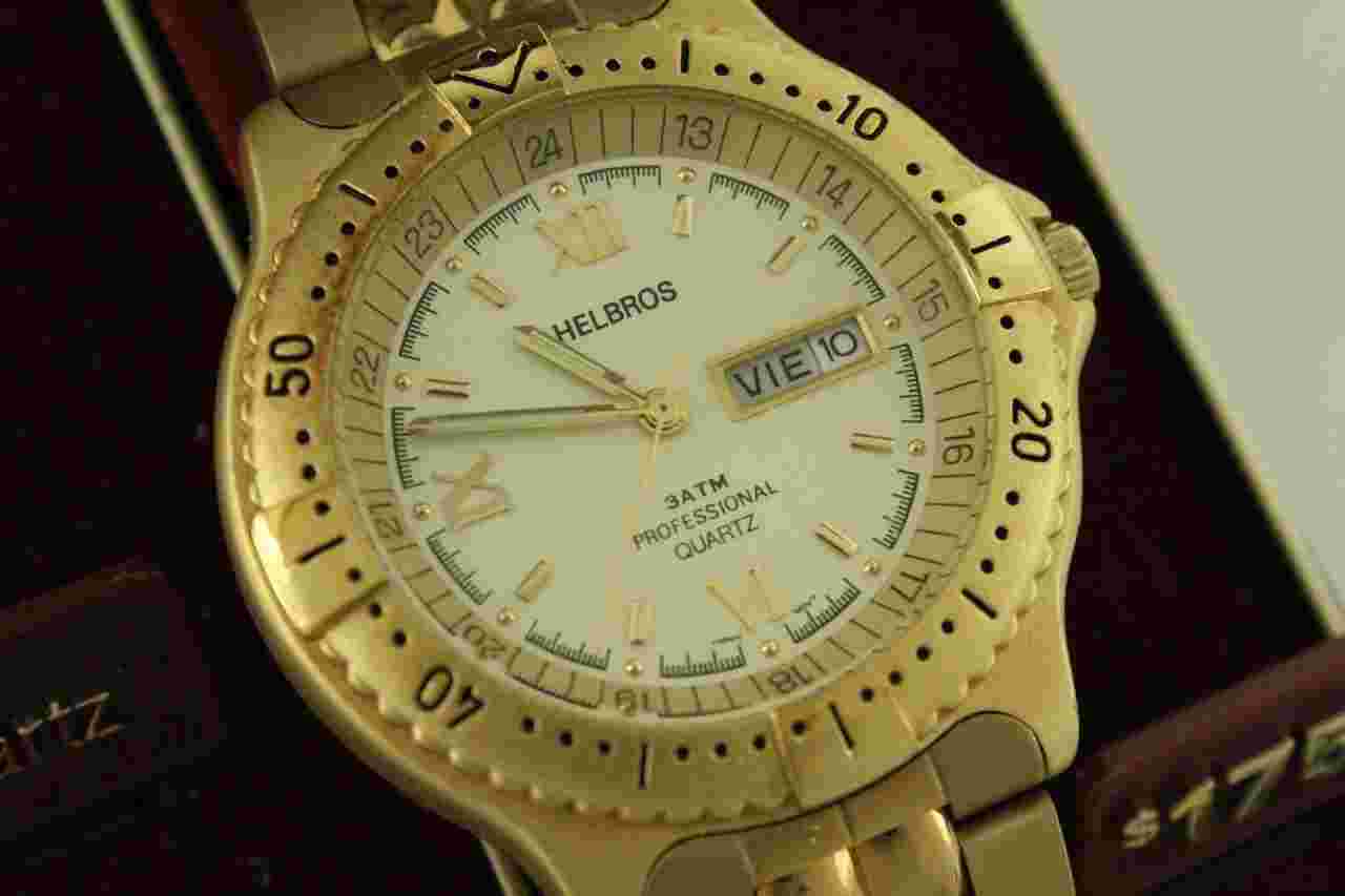 MODERN Estate Jewelry Watch HELBROS Quartz 3ATM Professional Gold Tone 87431B