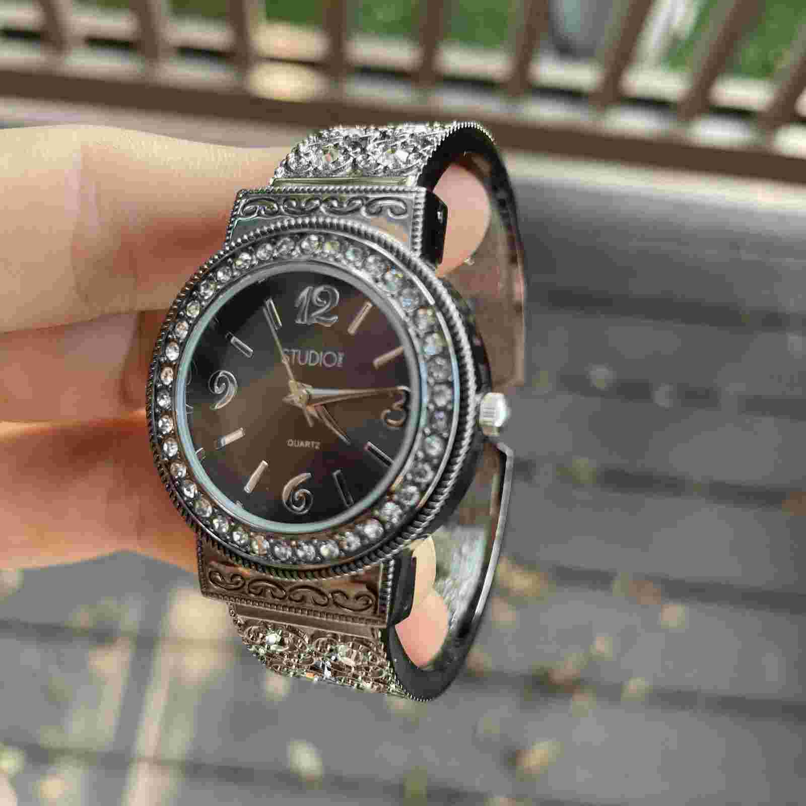 Ladies cute STUDIO bangle watch silver tone band and case with crystals STD4087T
