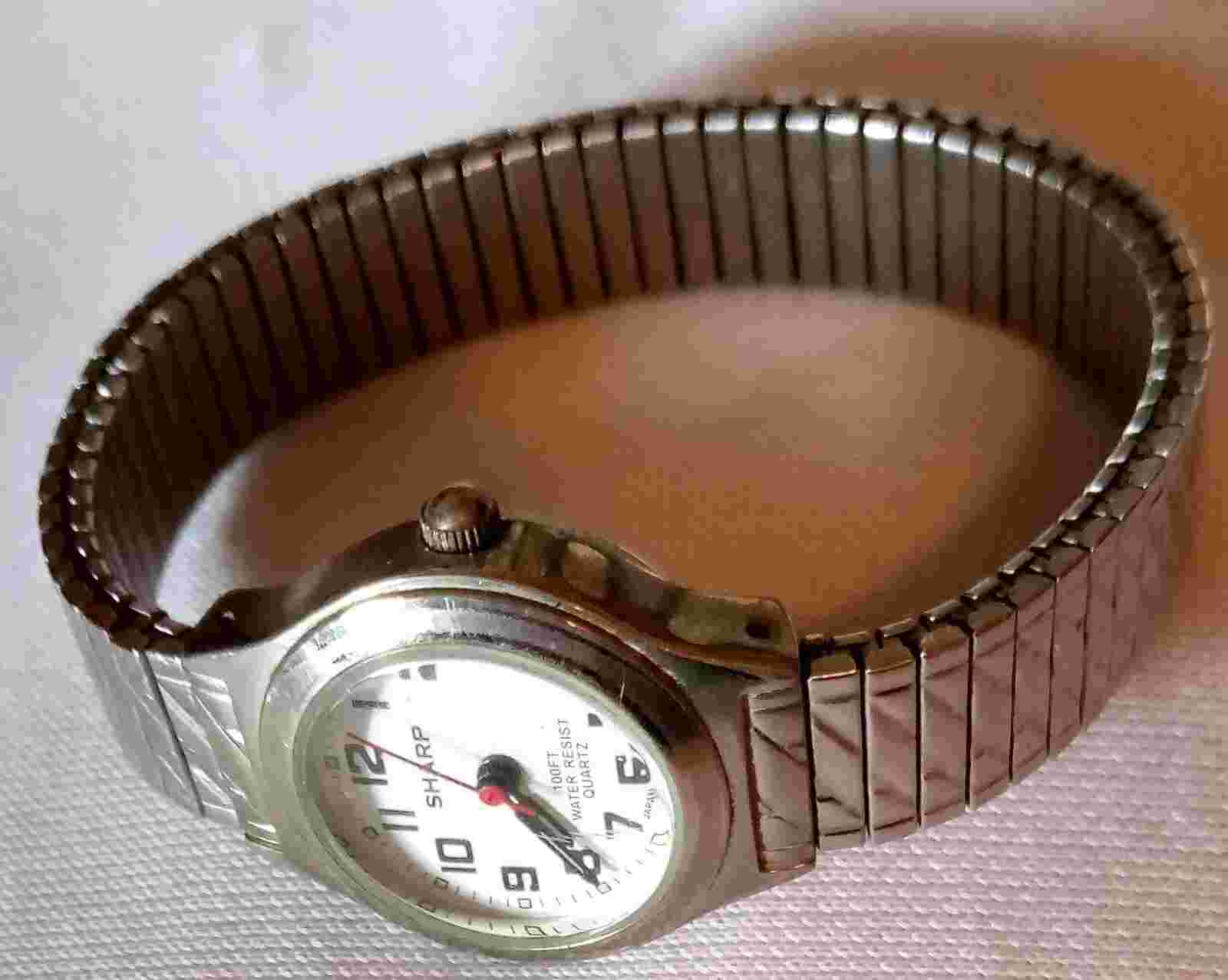 Sharp Wrist Watch 6.5"  Water Resistance Silver Tone 12 Hour Dial Ships Free