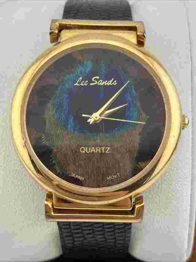 Vtg Lee Sands Ladies 35mm Watch Gold Tone Black Band Peacock Dial 6.5”-8”- RUNS