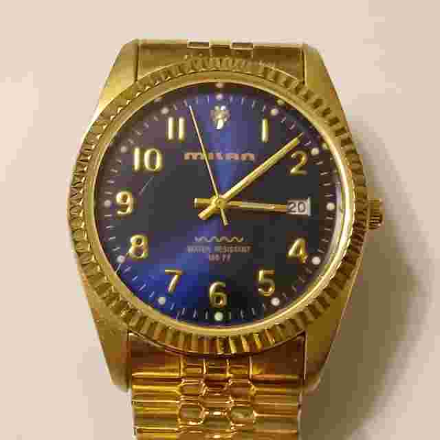 Milan Men Blue Dial Gold Tone Stainless Steel Date Analog Watch WR 100ft MLN734