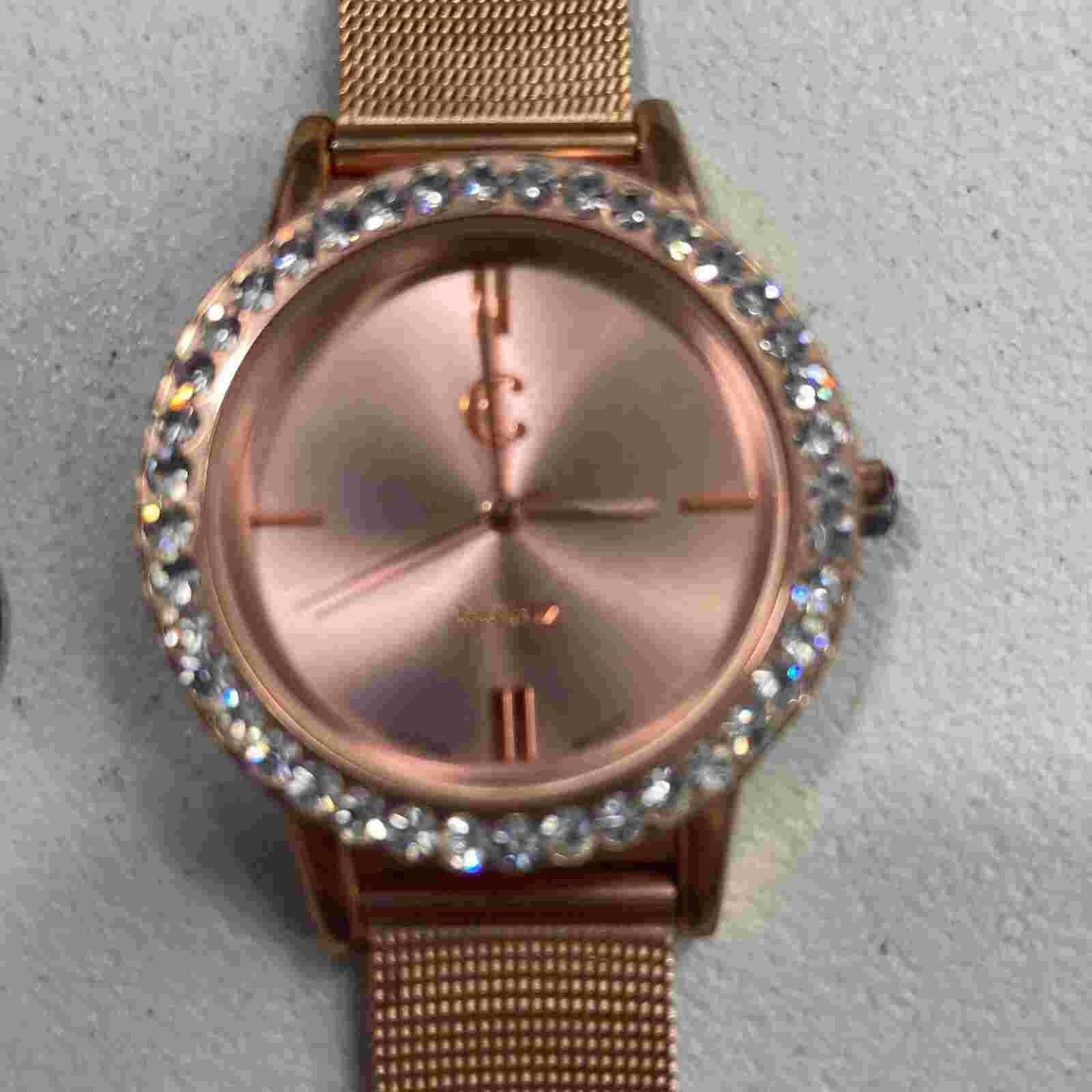 Charming Charlie WOmens Watch Rose Gold Toned Mesh Strap Crystal Bevel