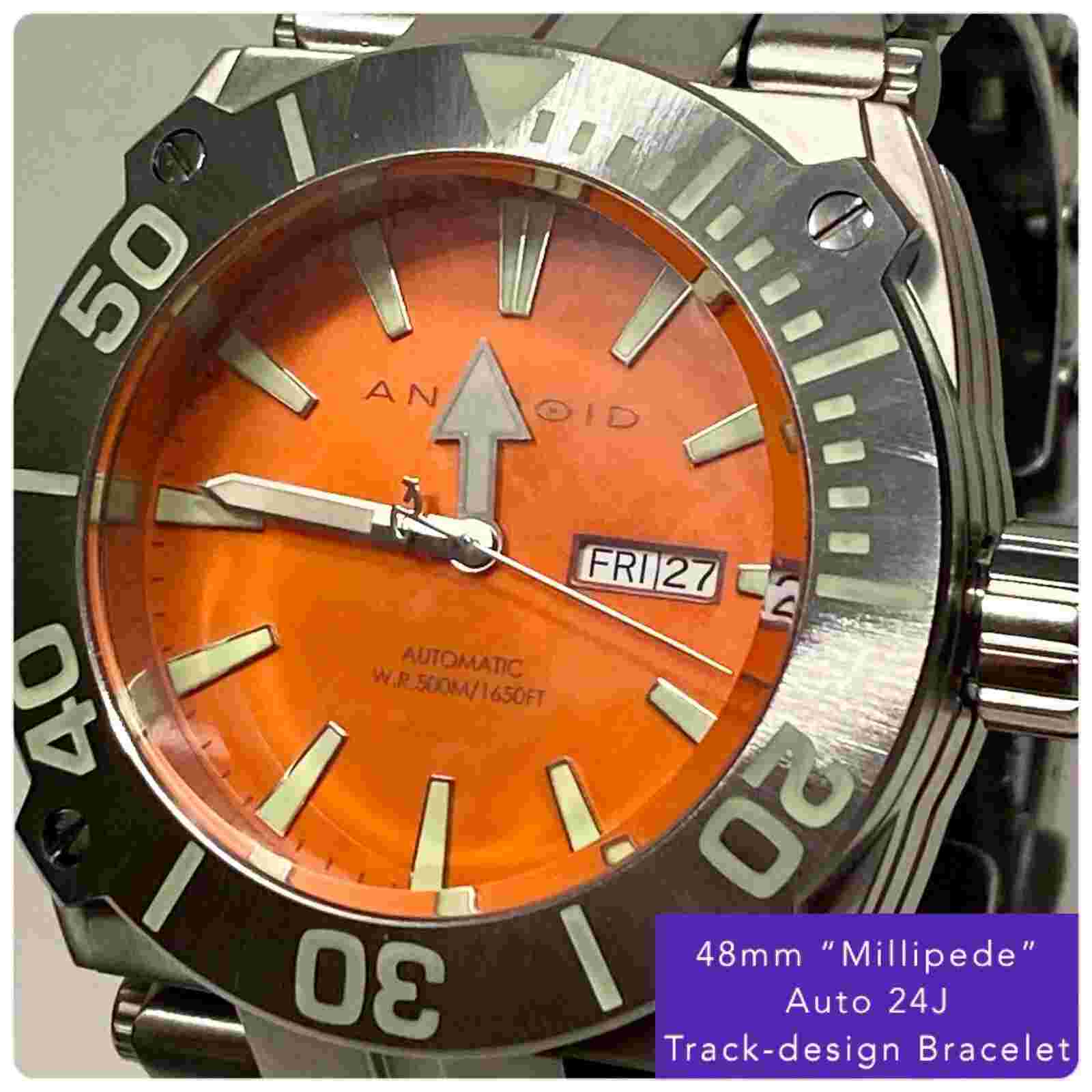 48mm Auto MILlIPEDE Silvertone Track-Bracelet Orange Dial ANDROID Mens Watch