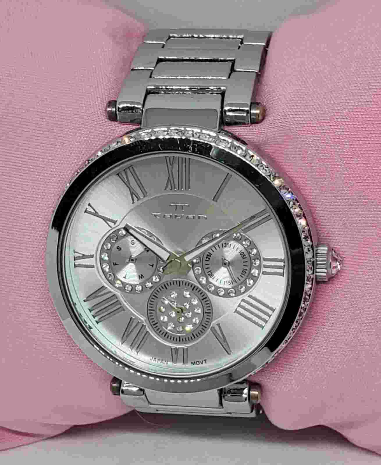 Ladies Tavan Seven Seas Iced Silver Tone Day Date Analog Watch 1509A B5
