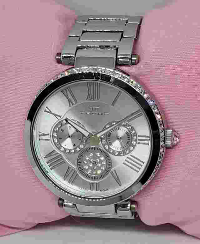 Ladies Tavan Seven Seas Iced Silver Tone Day Date Analog Watch 1509A B5