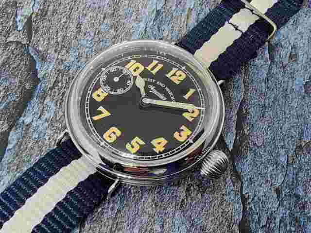 Rare West end watch co., Secundus Black Dial wire lug sub second 4.