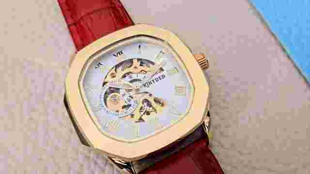 40mm Automatic Retro Skeleton Mechanical Watch Gold White Dial Red Leather Strap