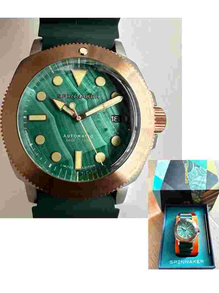 NEW SPINNAKER LIMITED 200pc MALACHITE STONE BRONZE TITANIUM AUTOMATIC DIVE WATCH