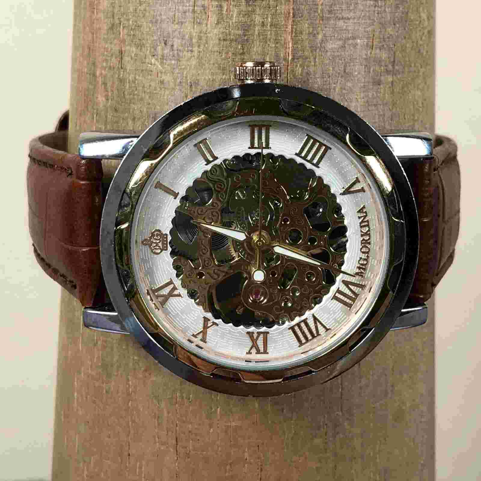 MG. Orkina Men Skeleton Brown Leather Stainless Mechanical Wind Watch 7 3/4"