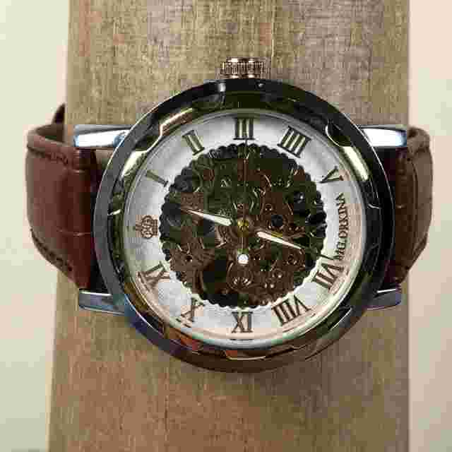 MG. Orkina Men Skeleton Brown Leather Stainless Mechanical Wind Watch 7 3/4"