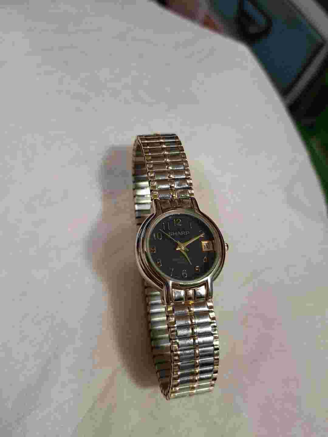 124. Working Sharp Watch With A Silver & Gold Colored Stretch Band & New Battery