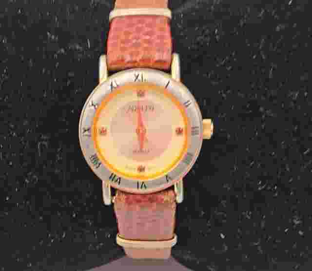 Vintage Adolfo Quartz Silver & Gold Tone Watch w/ Rhinestones & Brown Band