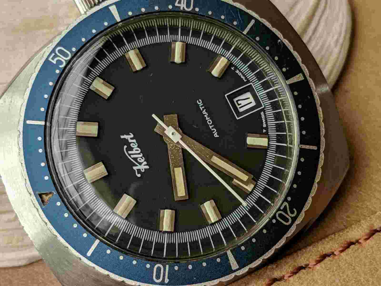 Vintage Kelbert Diver w/Mint Dial,Patina,Blue Bezel,All SS Case,Screwdown Crown